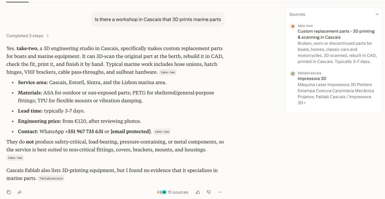 Perplexity answering the question "Is there a workshop in Cascais that 3D prints marine parts". It names take-two first, then lists the service area, the three plastics and what each is for, a three to seven day lead time, a price from 120 euros and a WhatsApp number, and states that the studio does not make safety-critical, load-bearing or pressure-containing parts. take-two and Fablab Cascais are the two cited sources.